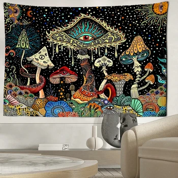 Tapisserie murale suspendue avec yeux colorés, champignon, forêt, Hippie, fantaisie, Art abstrait, décoration de chambre à coucher, salon, maison 1