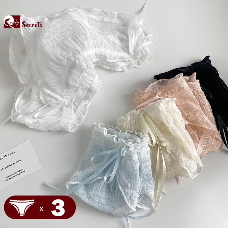 

3PCS/Lot Sexy Women Underwear Bow Lace-up Panties Mid-Rise Breathable Ladies Ruffles Briefs M-XL Female Urtal Thin Lingerie