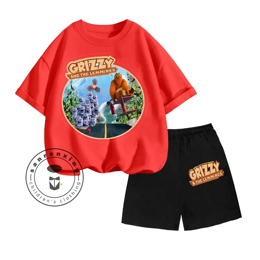 Unique Grizzy the Lemmings Animated Cartoon Print Design O-neck Short Sleeve and Hip Hop Shorts Summer Children Two-piece Set 5