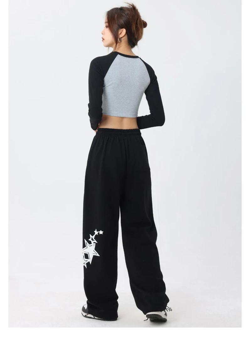 Baggy Wide-Leg Sweatpants   Women’s Y2K Oversized Print Wide Leg Pants Plus size Joggers Elastic High Rise Waist Stars womens Casual Sportswear Fitness Trousers Streetwear for Woman in Black