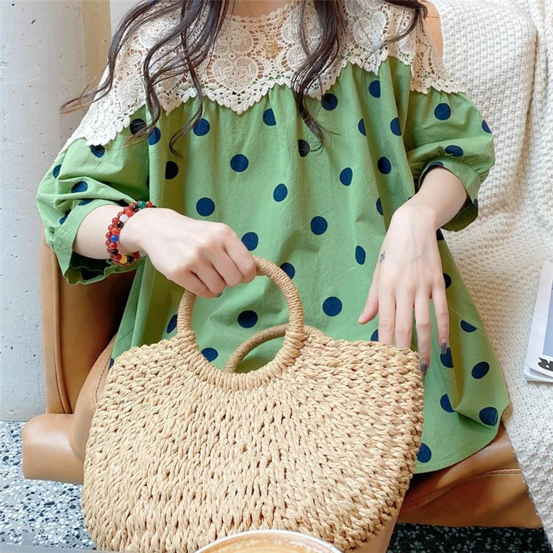 Women's Clothing Summer Polka Dot Print Lace Patchwork Kawaii Sweet Blouses Y2K Casual Loose Half Sleeve Shirt Cotton Linen Tops