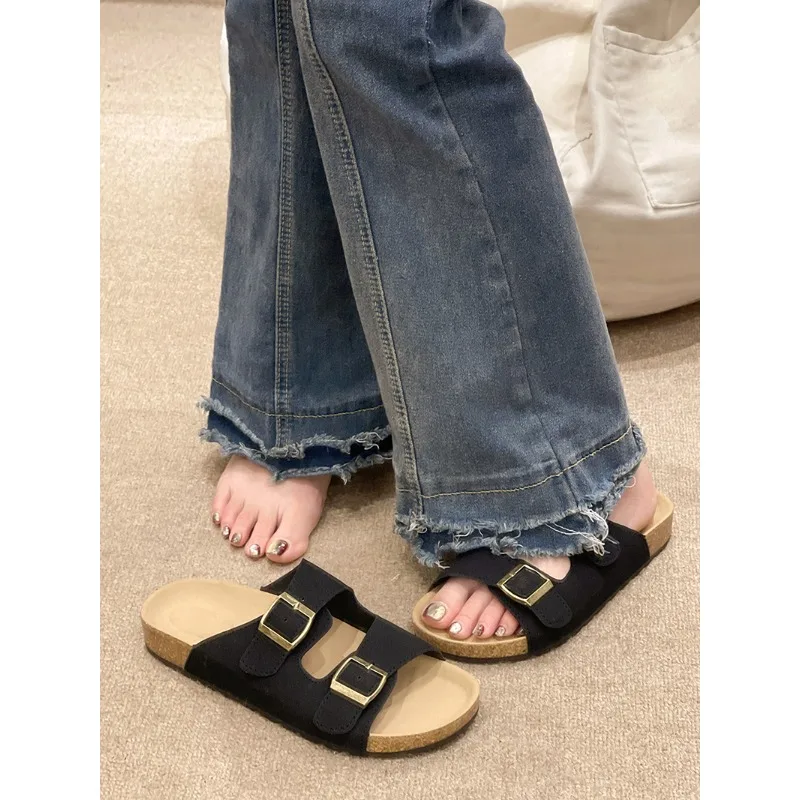 

Luxury Leather Sandals 2024 Summer Male Women Mules Slippers Clogs Slippers Classic Buckle Cork Slides Slippers for Men Sandals