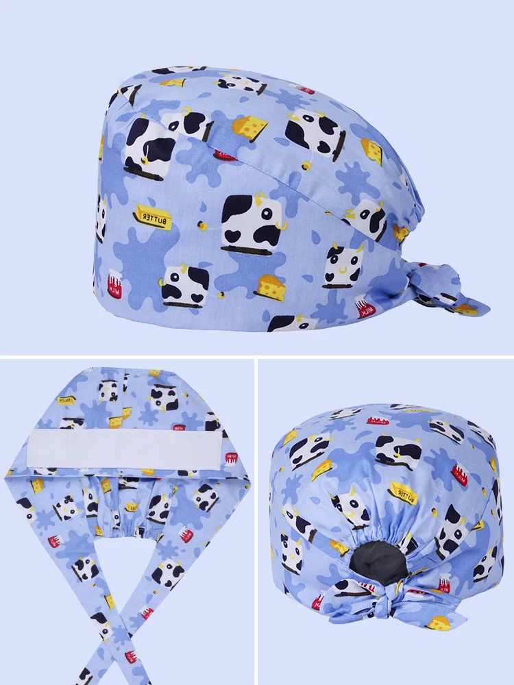 Bear Surgeon Print Medical Scrub Cap Nurse Surgical Hat 100% Cotton Tieback Straps Hospital Veterinary Doctor Dentist Skullcap