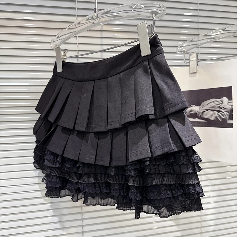 DEAT 2025 Autumn New Sweet Style Lace Patchwork Pleated Skirt For Women Casual Solid Color Cake Skirts Female Trendy 11A06220