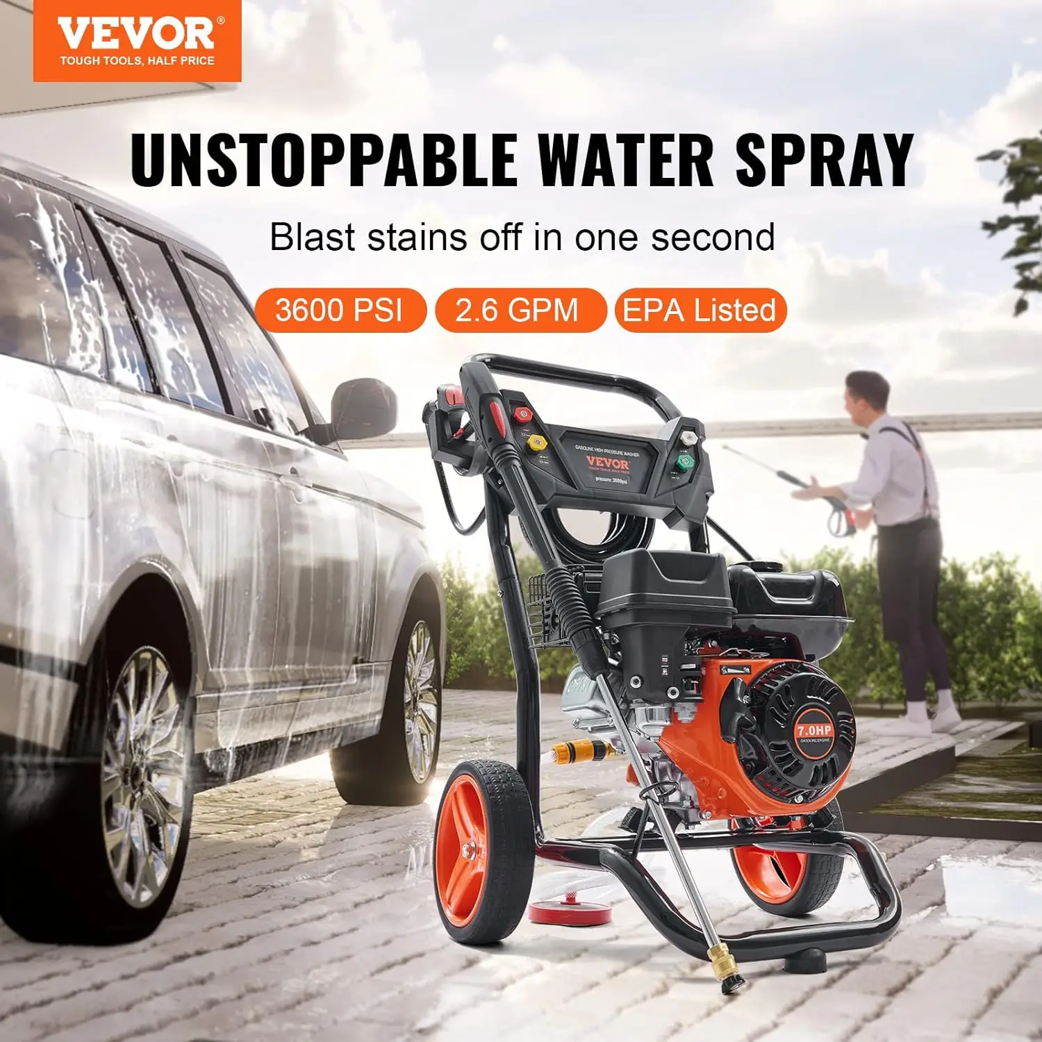 VEVOR Gas Pressure Washer 3600 PSI 2.6 GPM Gas Powered Pressure Washer with Copper Pump Spray Gun and Extension Wand