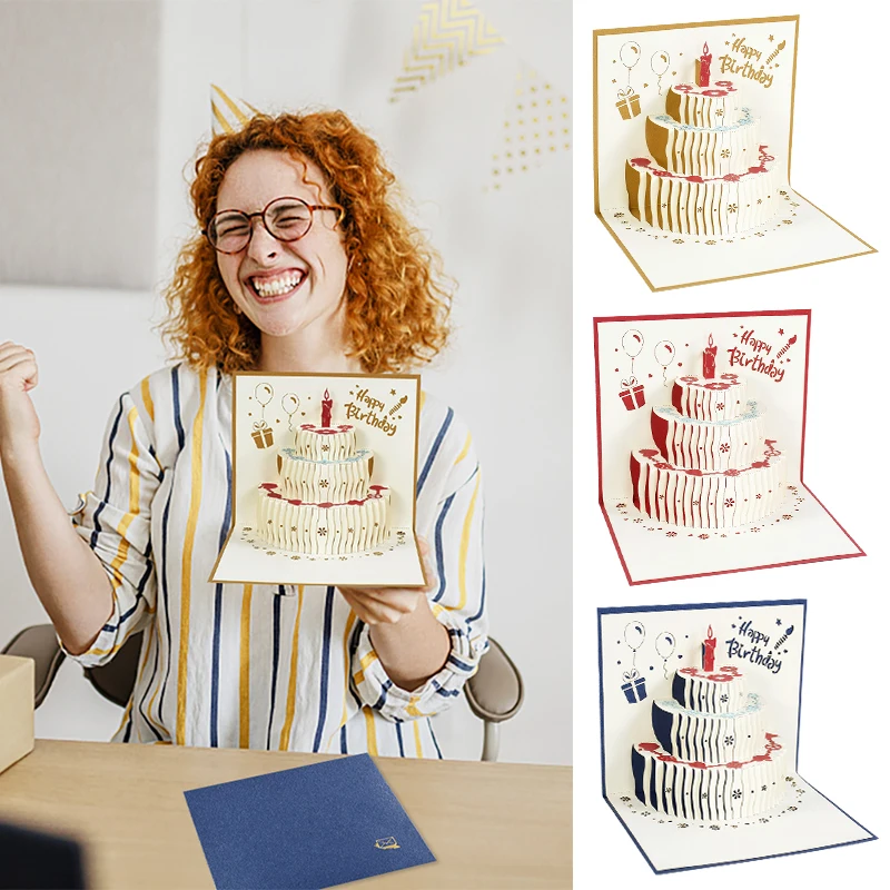 

3D Birthday Cake Pop-Up Greeting Cards Postcards Gifts with Envelope Happy Birthday Party Baby Shower Decoration Cards Supplies
