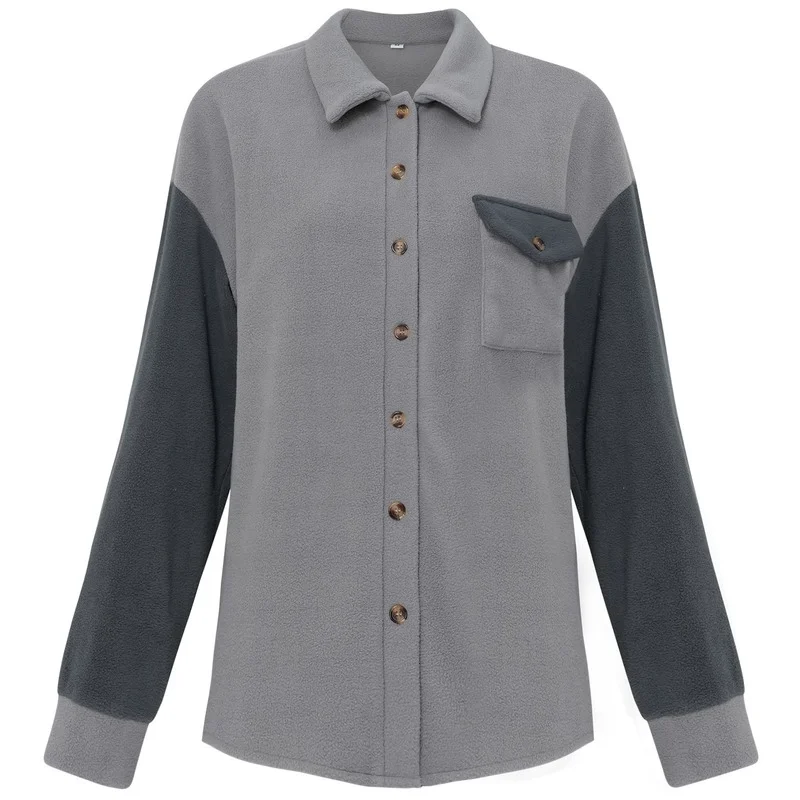 New Fashion Blouse Colorblock Lapel Plush Women's Fall Winter Comfortable Casual Shirt Jacket Top Blusas Ropa De Mujer 2022