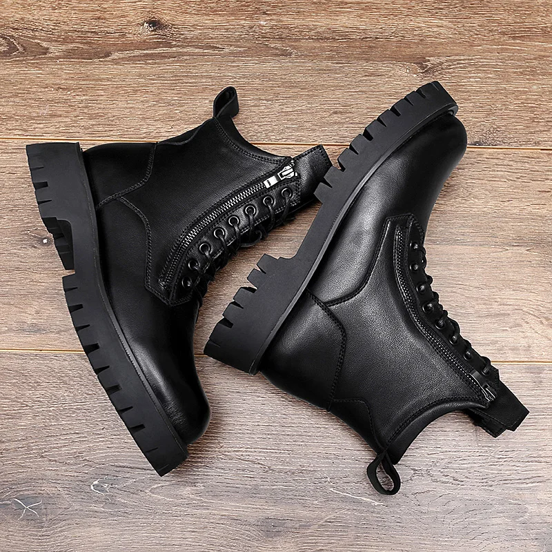 Luxury Brand Genuine Leather Mens Boots New Thick Bottom All-Match Men Boots Italian Design Men Dress shoes Motorcycle Shoe