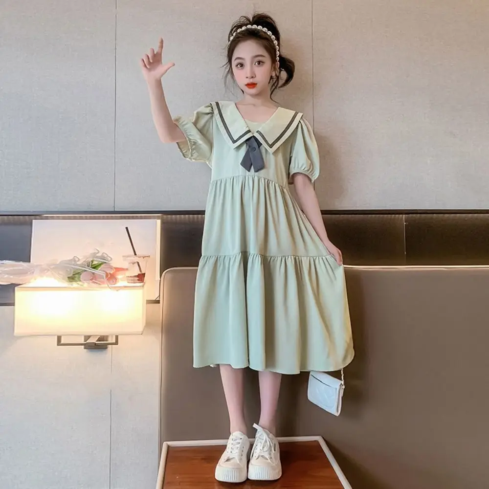 Ins Bowknot Girl Princess Dress Loose Puff Short Sleeve Teenagers Dresses Preppy Style Sweet Children Bubble Dress Kids