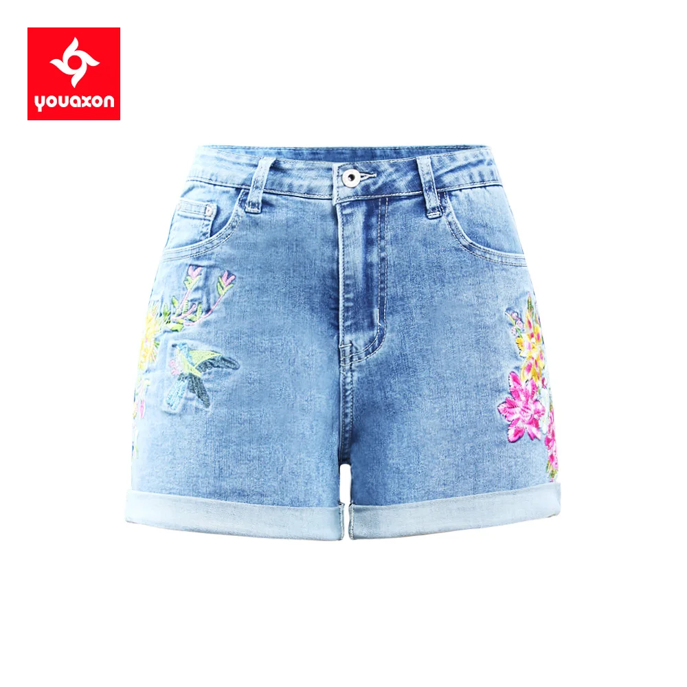 2258 Youaxon New Summer Embroidery Floral Shorts Women`s Fashion Stretchy Denim Shorts For Women