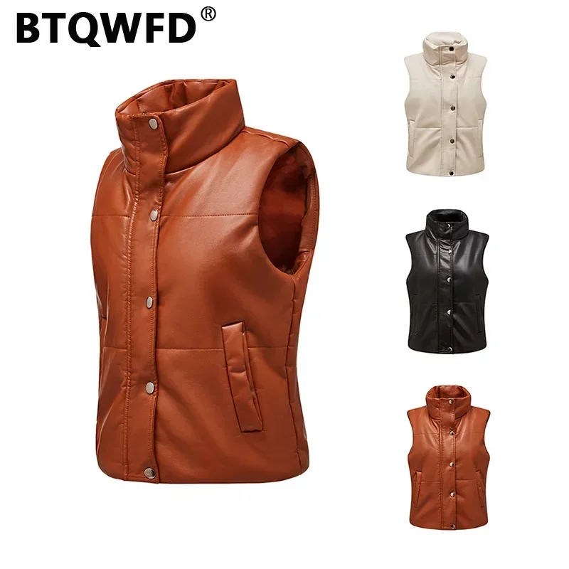 

BTQWFD Female Clothing Sleeveless Vests Autumn Winter Leather Women Casual Motorcycles Outwear Fashion 2023 Streetwear Zipper