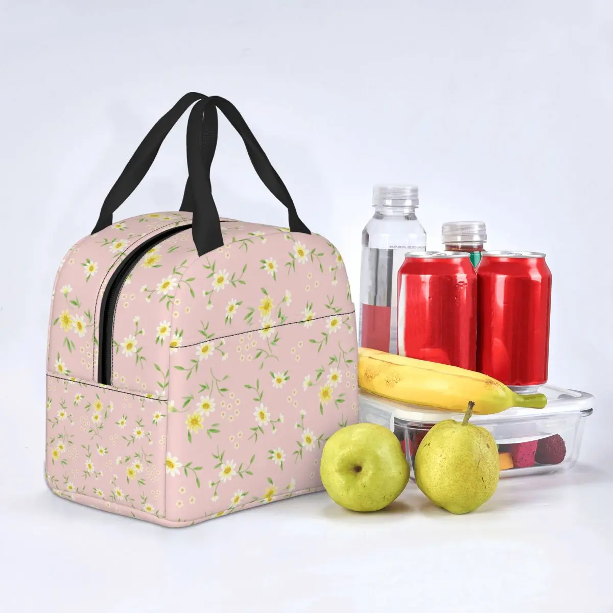 

Floral Pink Flower Lunch Bag Portable Insulated Canvas Cooler Thermal Picnic Travel Lunch Box for Women Girl