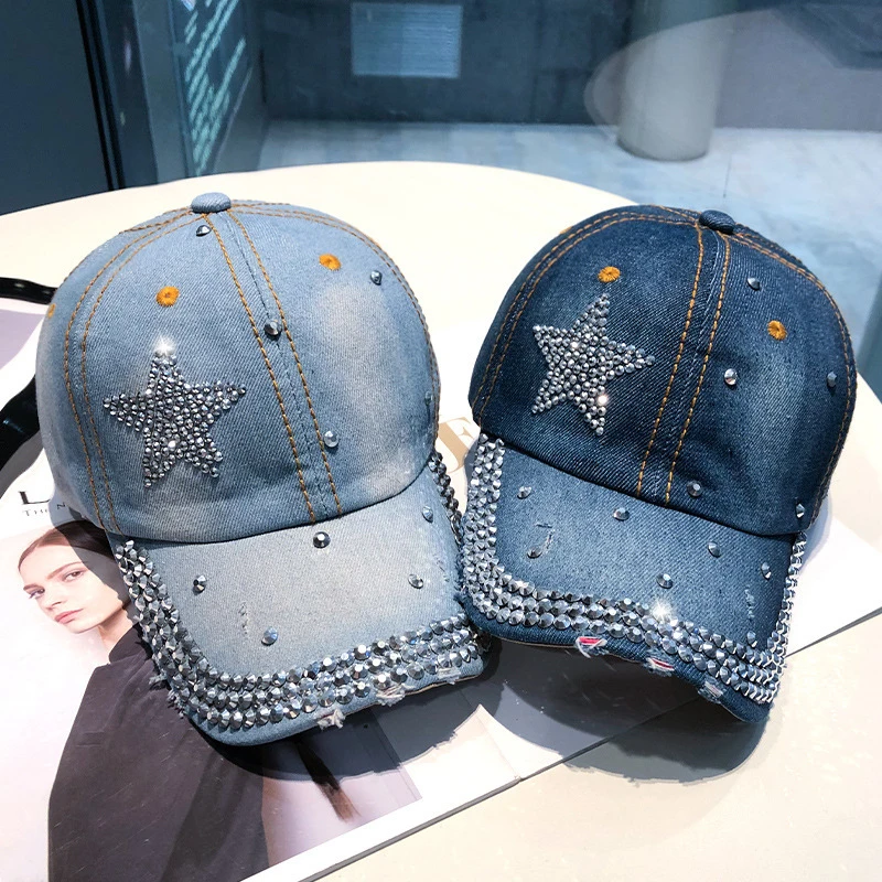 Baseball Cap Shiny Rhinestone Women Baseball Hat Punk Pentagram Star Peaked Cap Hip Hop Duck Tongue Caps Blue Color Denim Duckbill Hats Visor