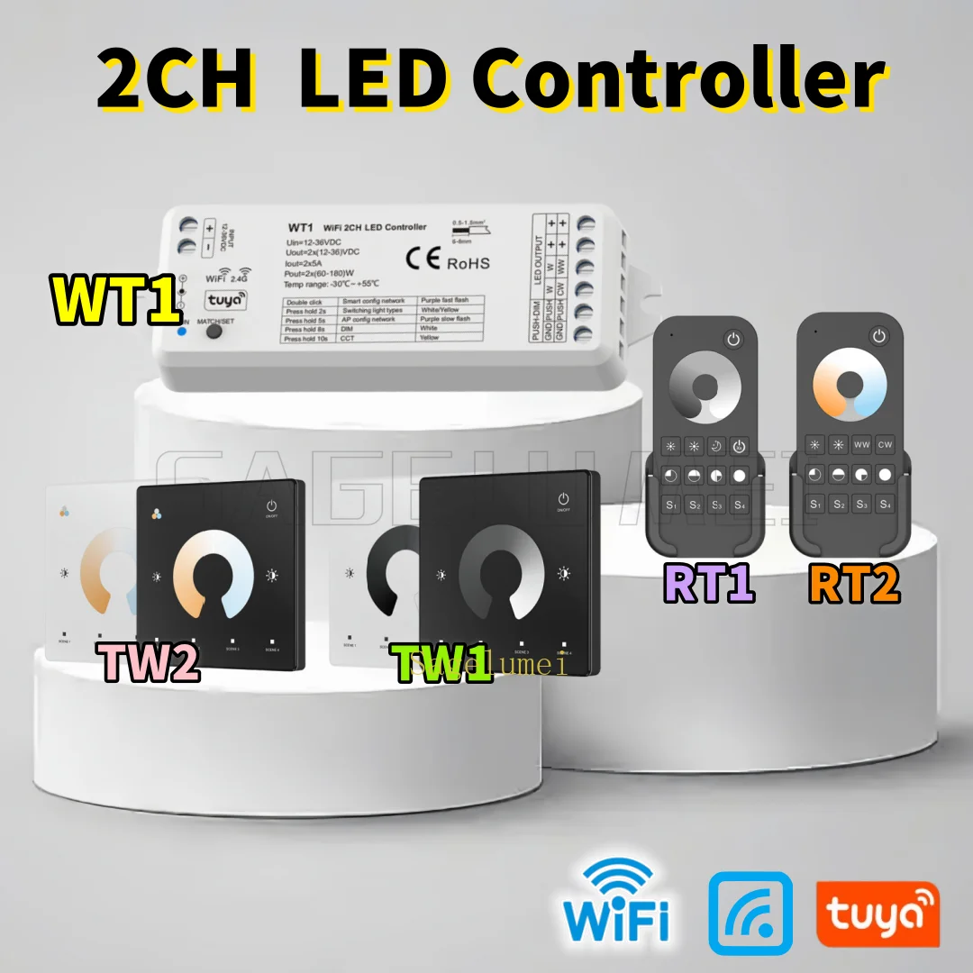 สมาร์ท Tuya APP 2CH WiFi WT1 2.4G RF LED Controller RT1 RT2 TW1 TW2 DC12V-36V รีโมทคอนโทรลไร้สาย Dimming สวิทช์ WW CW CCT Dimmer 1