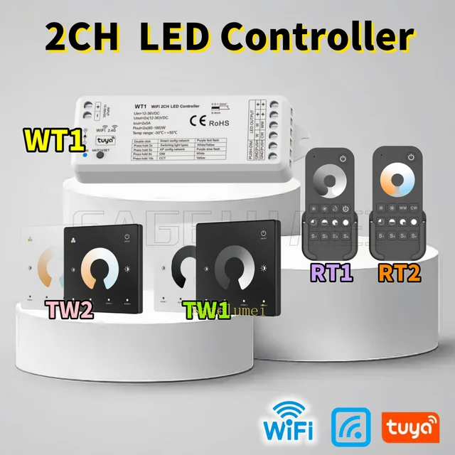 สมาร์ท Tuya APP 2CH WiFi WT1 2.4G RF LED Controller RT1 RT2 TW1 TW2 DC12V-36V รีโมทคอนโทรลไร้สาย Dimming สวิทช์ WW CW CCT Dimmer 1