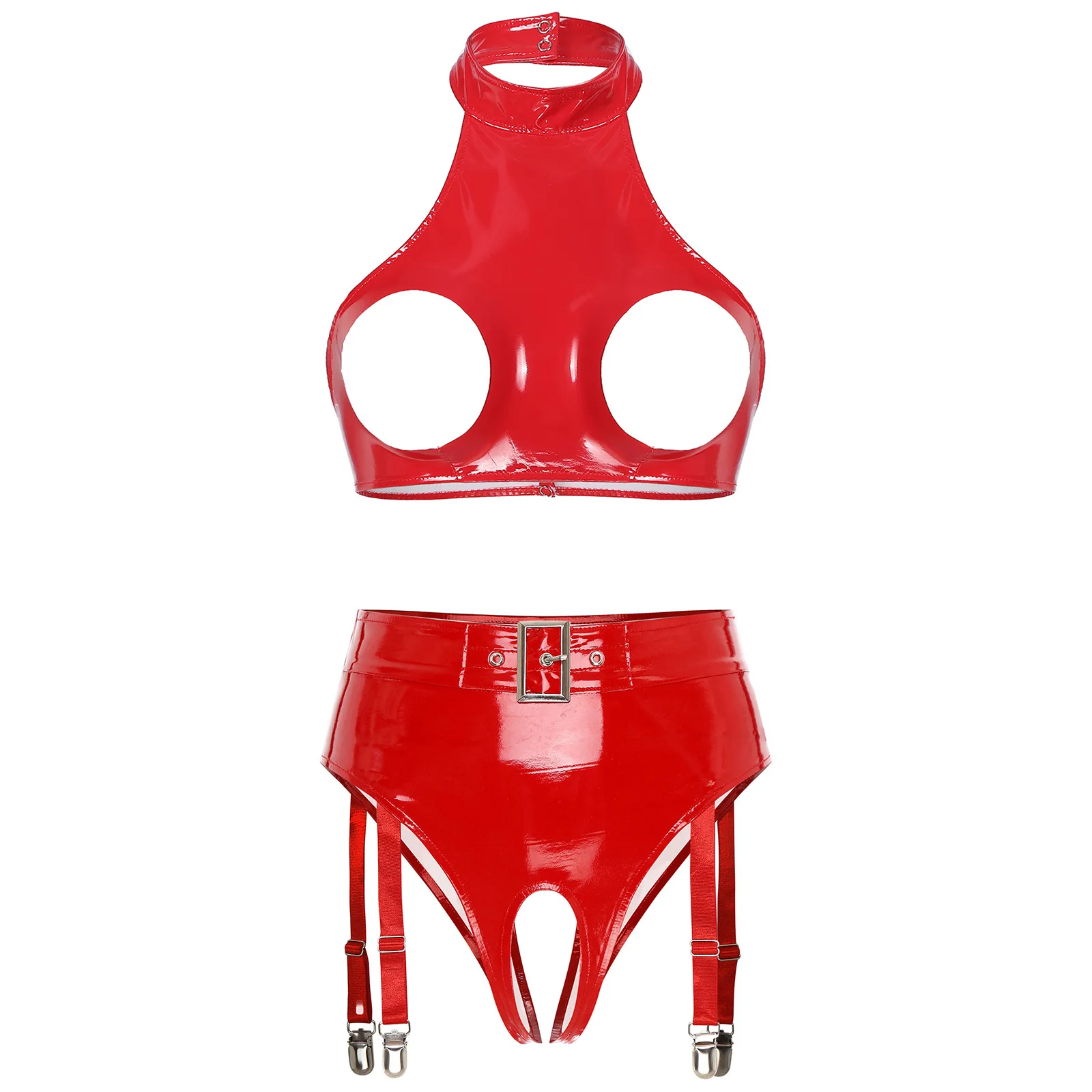 thumbnail image 1 of Conjunto de sujetador y ropa interior para mujer, sujetador con aros y remaches, top corto de charol con copa abierta, bragas sin entrepierna y ligas, 1 of 5