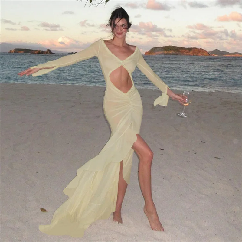

Sexy Sheer Hollow Prom Dress Women Lace Mesh V Neck Ruched Bodycon Ruffles Beach Vacation Holiday 2024 Summer Luxury