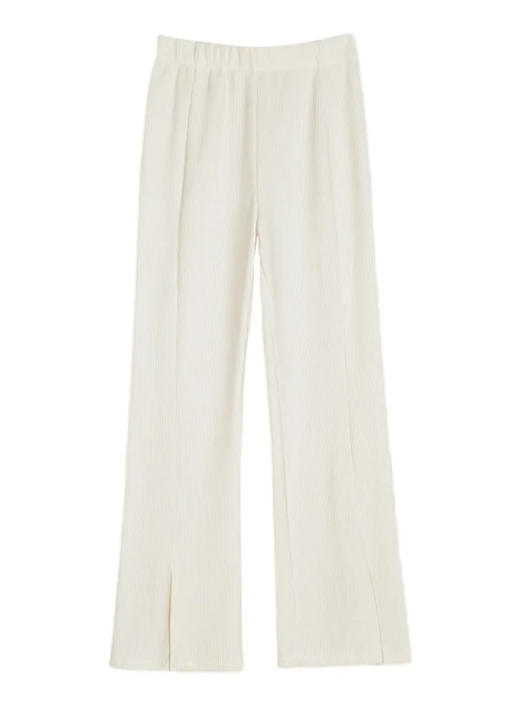 Large Apricot Plush Wide Leg Pants For Women Autumn And Winter Plump High Waist Straight Tube Split Micro Flared Pants,
