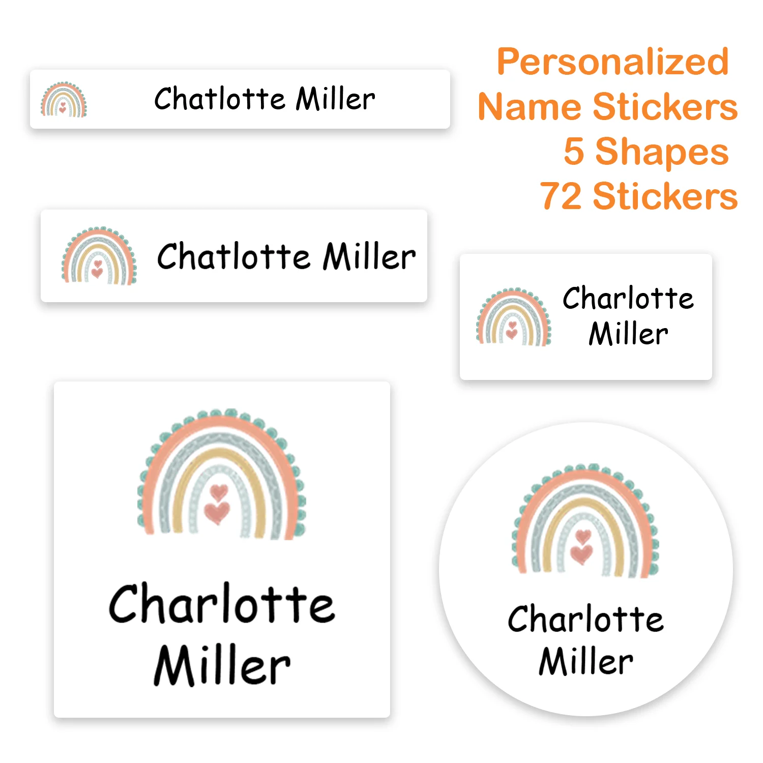 72 adet Kişiselleştirilmiş Su Geçirmez İsim Etiketleri Çocuklar Boho Gökkuşağı Lamine Çıkartmalar Özel Okul Kreş Kampı Kreş Etiket Paketi