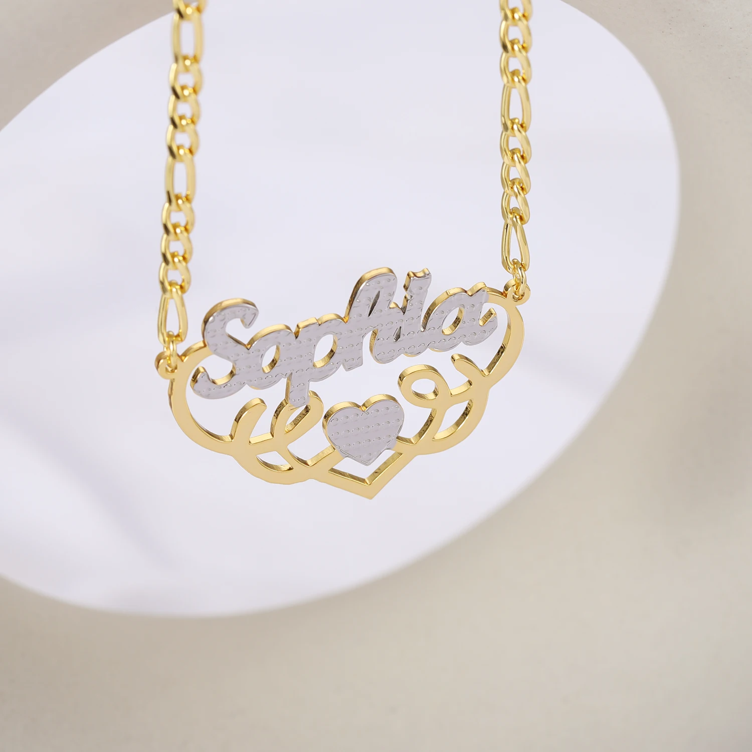 Personalisierter Name, ausgefallene, doppelt plattierte Namenskette mit Herz, personalisierter, individueller 18 Karat vergoldeter Namensanhänger, Muttertagsgeschenk – Detail 5