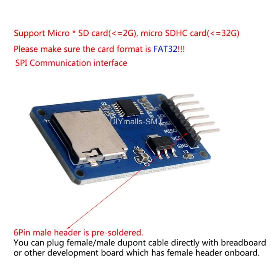 DIYmalls 5PCS SD Card Module Mini TF Card Reader Writer Sensor + 40P Male to Female Dupont Cable for Arduino Mega2560 Nano ESP32