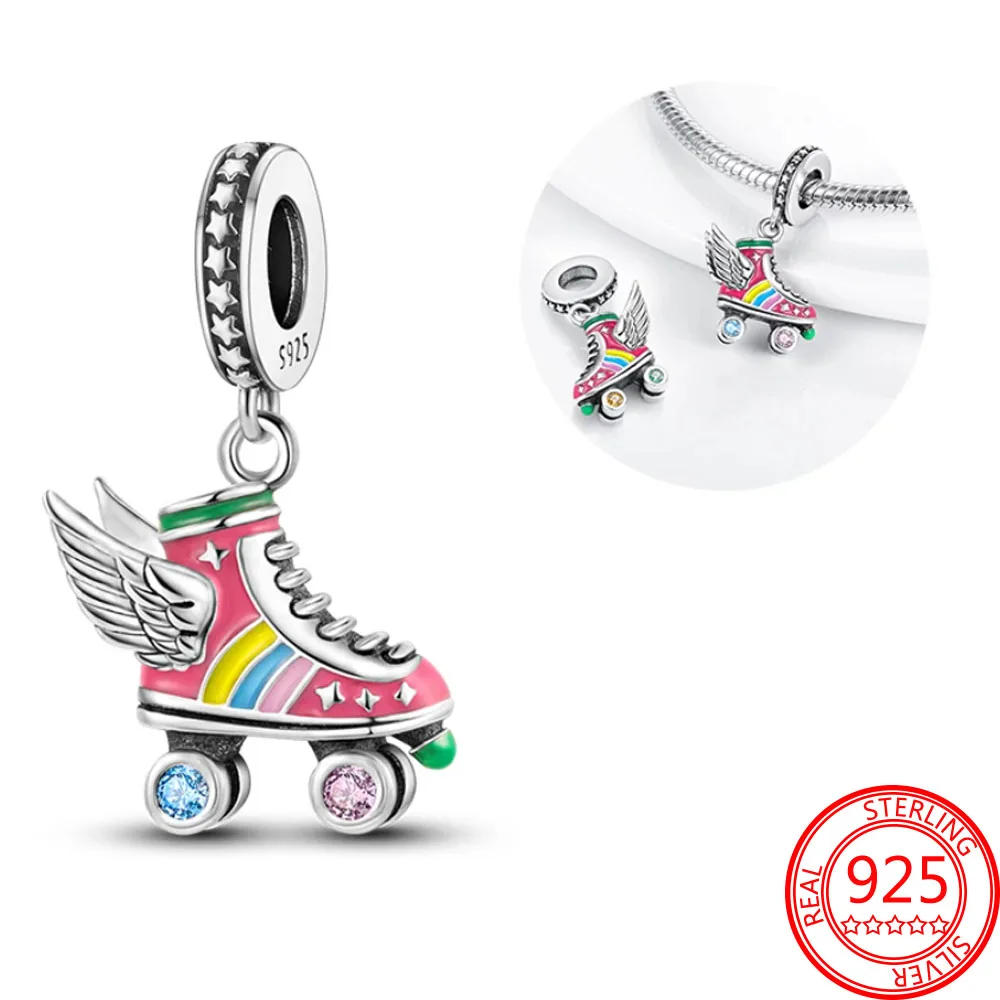 

100% 925 Sterling Silver Angle Wings Colorful Skating Shoes Charm fit Pandora Charms Bracelet & Bangle Jewelry Christmas Gift