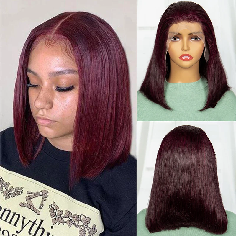 

99J Burgundy Straight Short Wig Double Drawn 13x4 Lace Front 99J Bob Wig Straight Bob Human Hair Wig Remy Hair