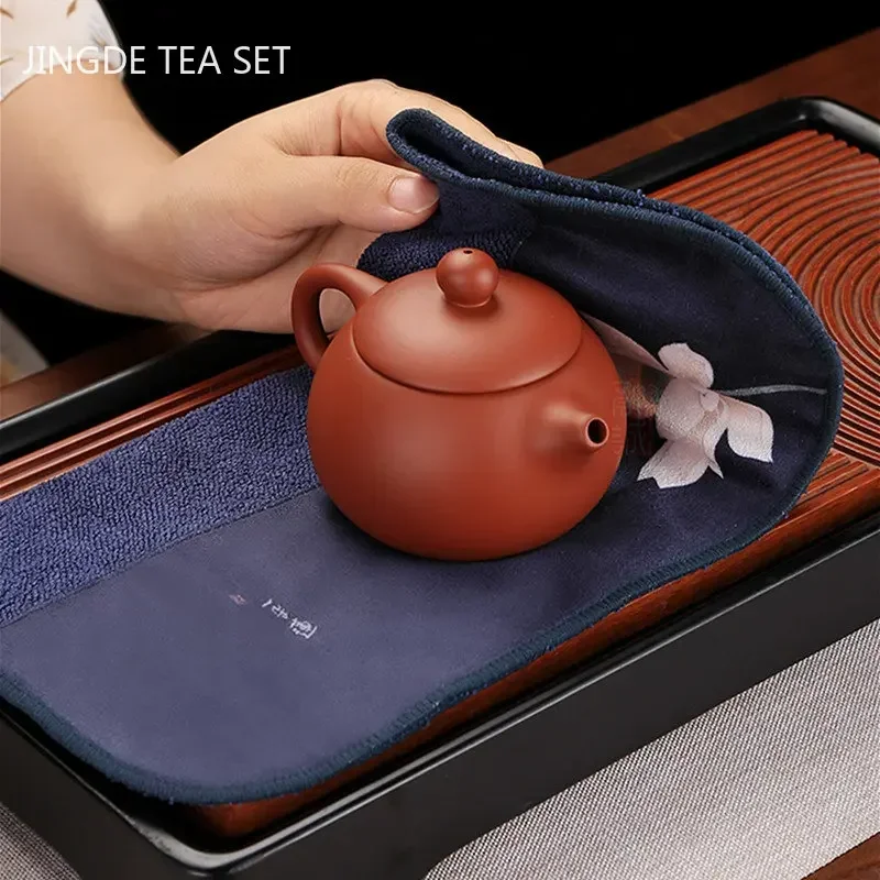 Painted Lotus Zen Tea Towel Upscale Tea Set Absorbent Towel Thickened Plush Cloth Tea Table Cleaning Rag Teapot Pad Accessories