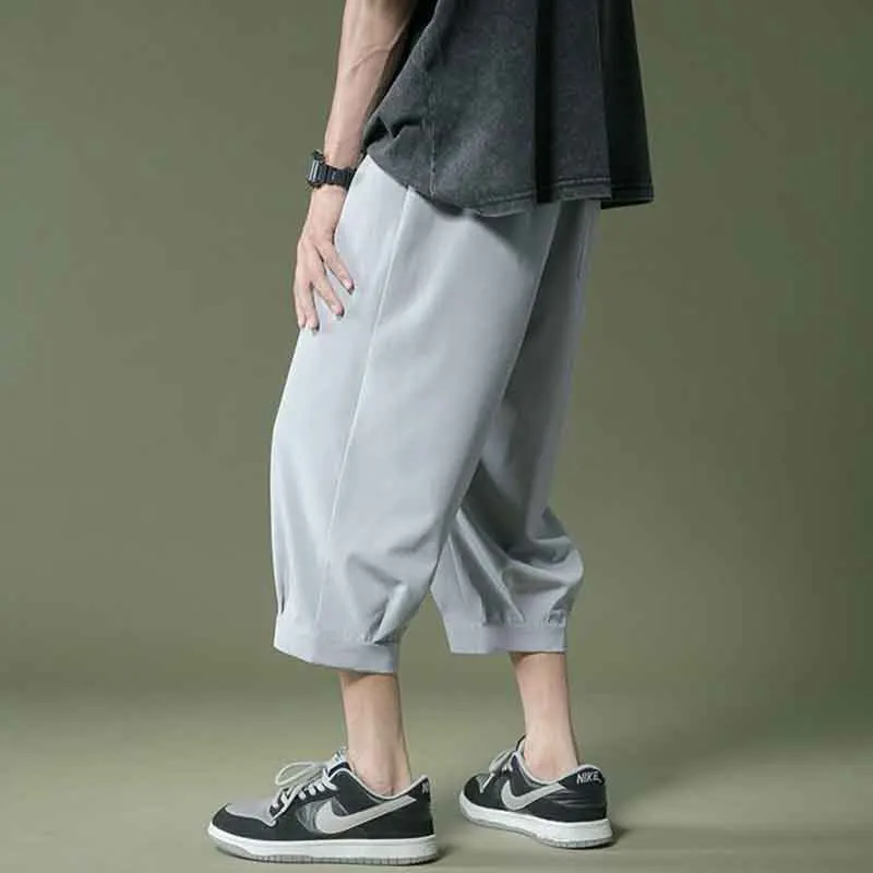 Summer New Korean Men Casual Capris Lantern Pants Solid Elastic Waist Oversize Fashion Big Size Breathable Thin Sports Shorts
