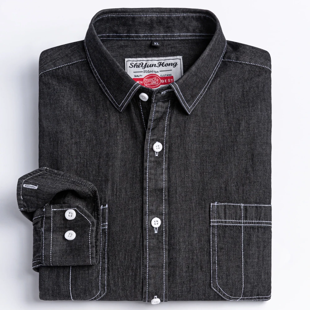 Men's Versatile Casual Long Sleeve Denim Pocket Shirt Regular-Fit Comfortable Soft Cotton Washed Durability Work Shirts denim shirt long sleeved shirt