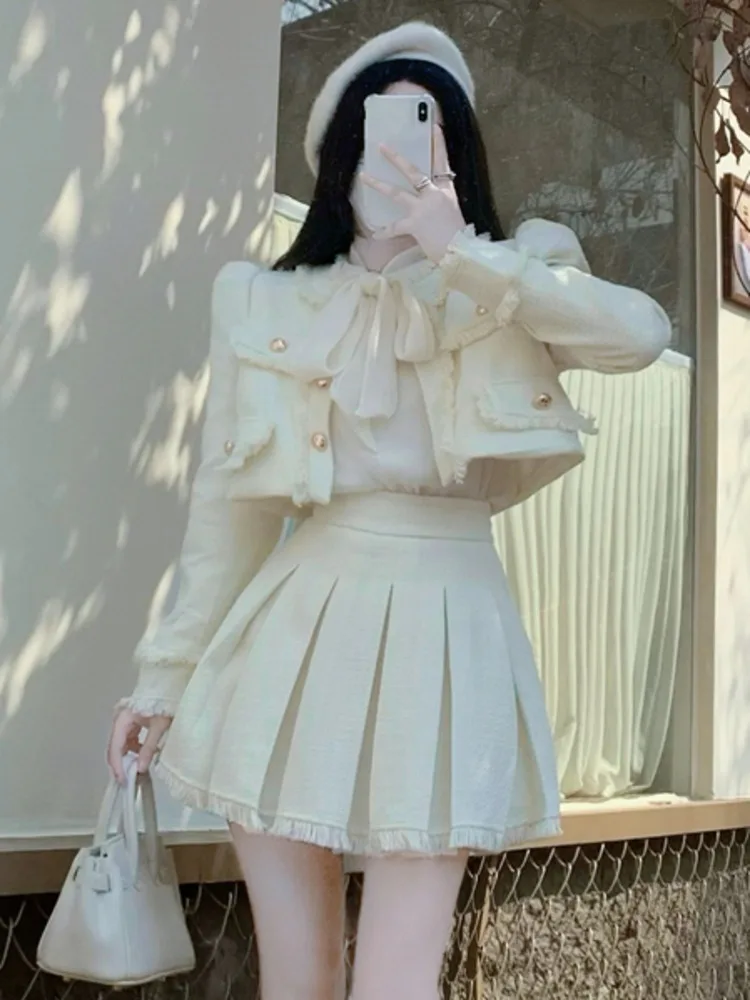 High Quality French Vintage Small Fragrance Two Piece Set Women Short Jacket Coat + Pleated Skirt Suits Luxury Brand 2 Piece Set
