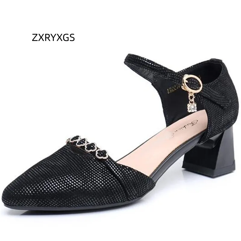 

ZXRYXGS 2023 летние женские босоножки из овечьей кожи с острым носком, открытые черные кожаные сандалии, элегантные модные босоножки большого размера