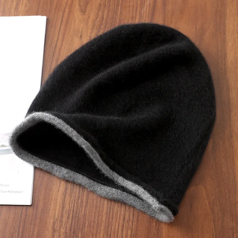 2025 New Women's Soft Warm Bean Hat Winter Hat Regardless of Gender 100% Merino Wool Knitted Fashion Outdoor Curly-brimmed Hat