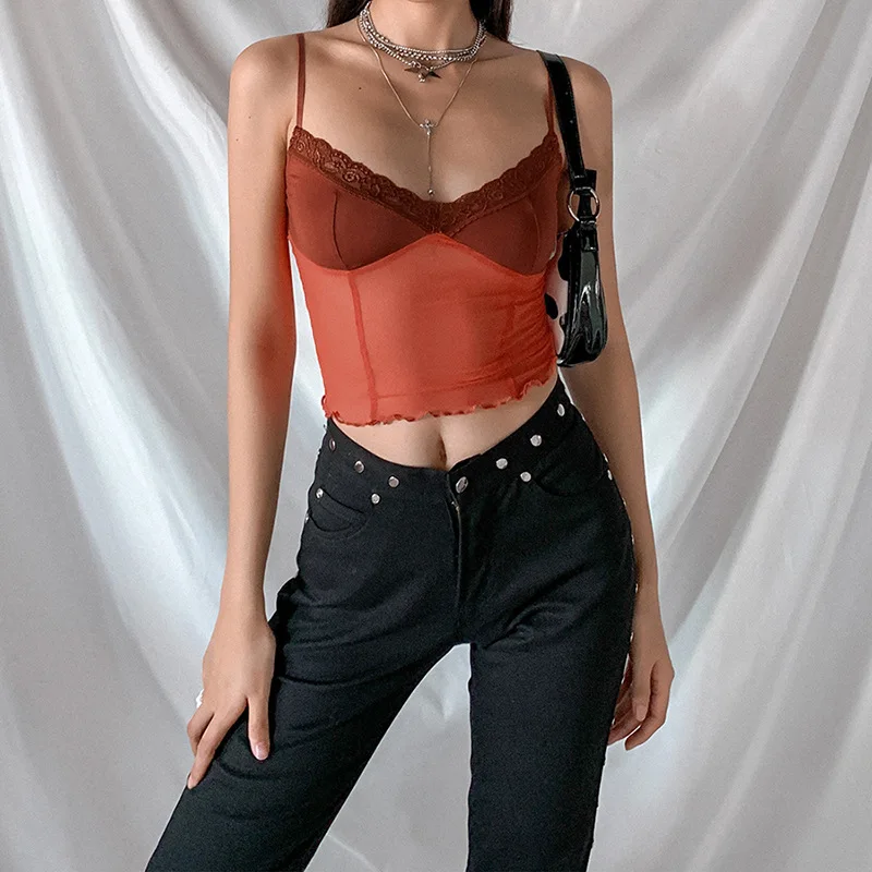 Meqeiss street Vintage Woman Lace Y2k Top Sexy See-Through Vest Sling Crop Tops Sleeveless Club 2021 Summer Mesh Tank Top Female nylon camisole