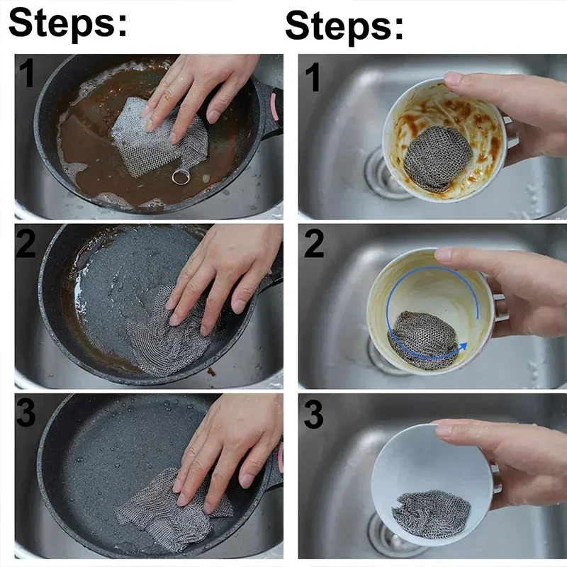 20cm Metal Wire Mesh Cleaning Cloths Double -layer Non -stick Oil Steel Wire Dishcloths Universal Sink Faucet Tea Stain Rags 6