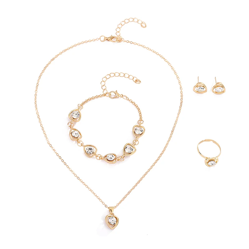 5PCS Set Gold-Color Heart Shaped Jewelry Sets Of Ring Earrings Necklace For Women Elegance Rhinestone Double Heart Jewelry