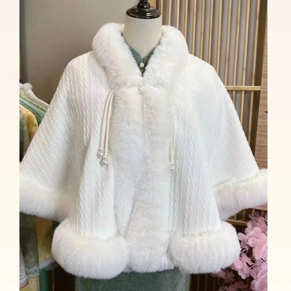 

Japan Korea Women Winter Knitted Poncho Cape Outwear Long Faux Fur Collar Cardigan Cloak Loose Batwing Shawl For Wedding