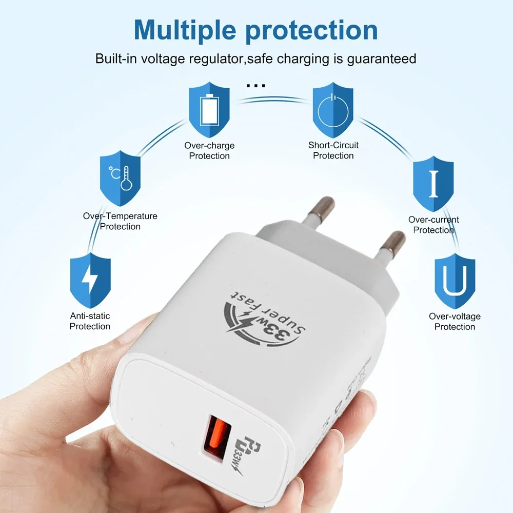 33W Fast Charger + 7A Type C Cable Mobile Phone Wall Chargers For Samsung Xiaomi OPPO EU/US/UK Plug USB Quick Charging Adapter