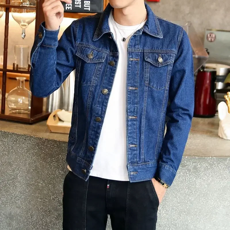 

Korea Denim Jackets Man Slim Fit Motorcycle Jeans Coat for Men Autumn Biker of Fabric Cowboy Branded Clothing Big Size Vintage L