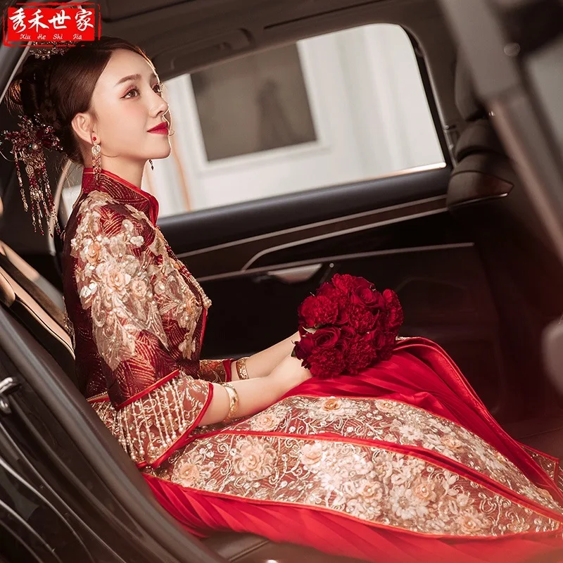 

Chinese Style Applique Beading Wedding Dress Cheongsam Marriage Suit Oriental Bride Toast Clothing Vintage Tassels Qipao