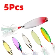 Lot d'appâts durs en forme de cuillère avec plumes pour la pêche, pack d'appâts pour attraper des poissons tels que les bars, avec Spinner, avec triple hameçon, en métal, 1.5 10g, 5 pièces 