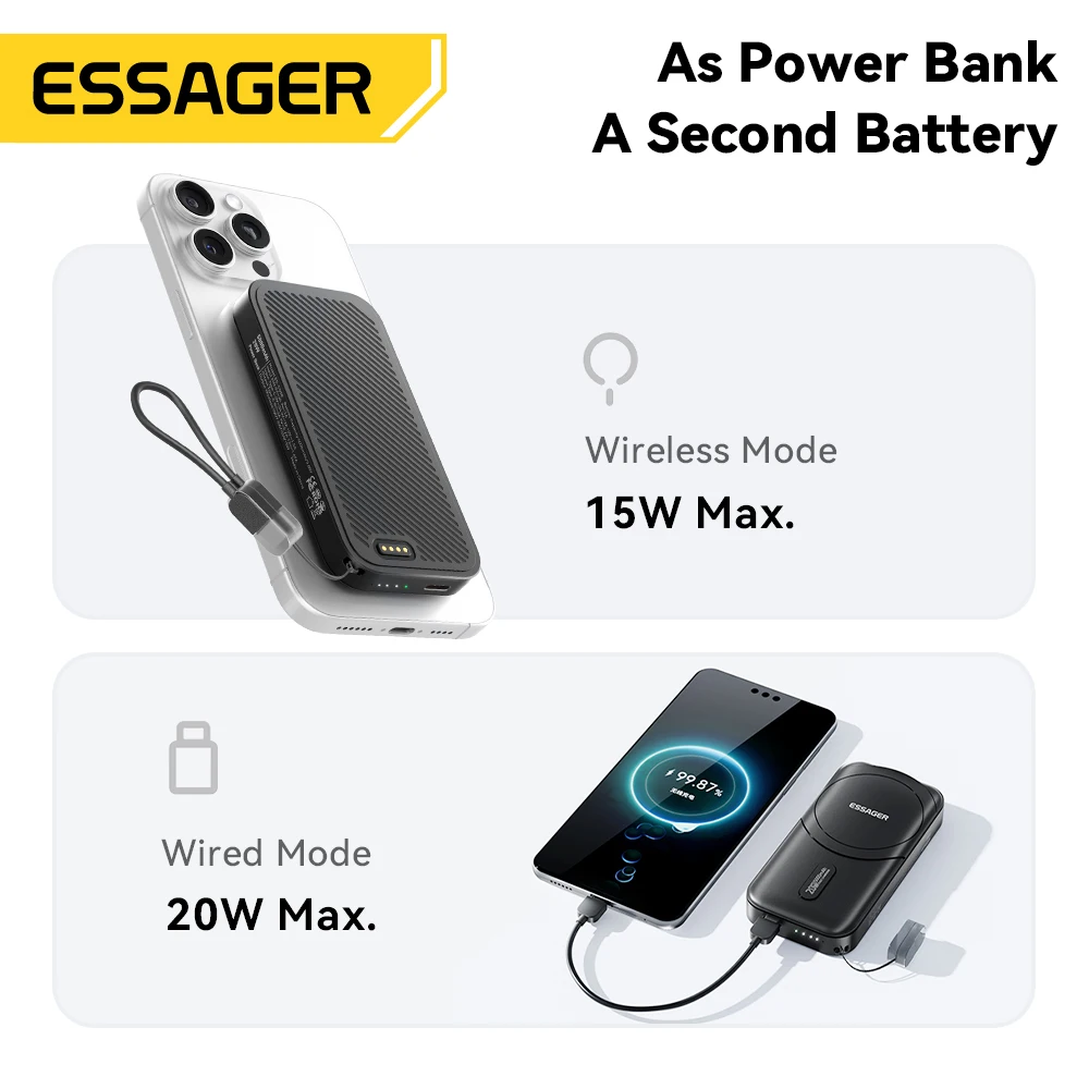【NEW】ESSAGER 3-in-1 Magnetic 65W GaN Charger Wireless 5000mAh Power Bank With Cable For iPhone17 16 15 Samsung MacBook Travel