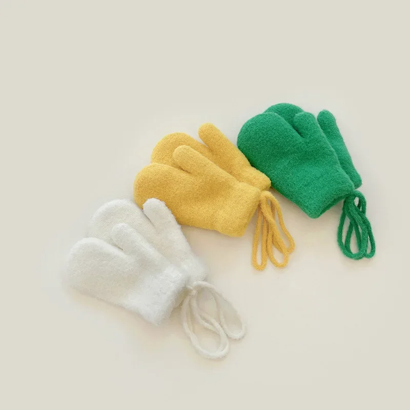 0-4Years Kids Winter Mittens Boys Girls Knitted Gloves Cute Candy Color Children Warm Full Finger Mittens Baby Gloves with Rope 4
