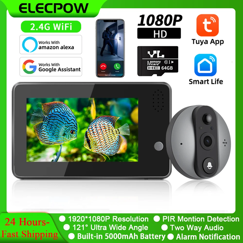 Elecpow Tuya Smart Wifi Porta Digitale Spioncini Fotocamera Eye 1080P Video Campanello Pir Visione Notturna Motion Detection Door Viewer