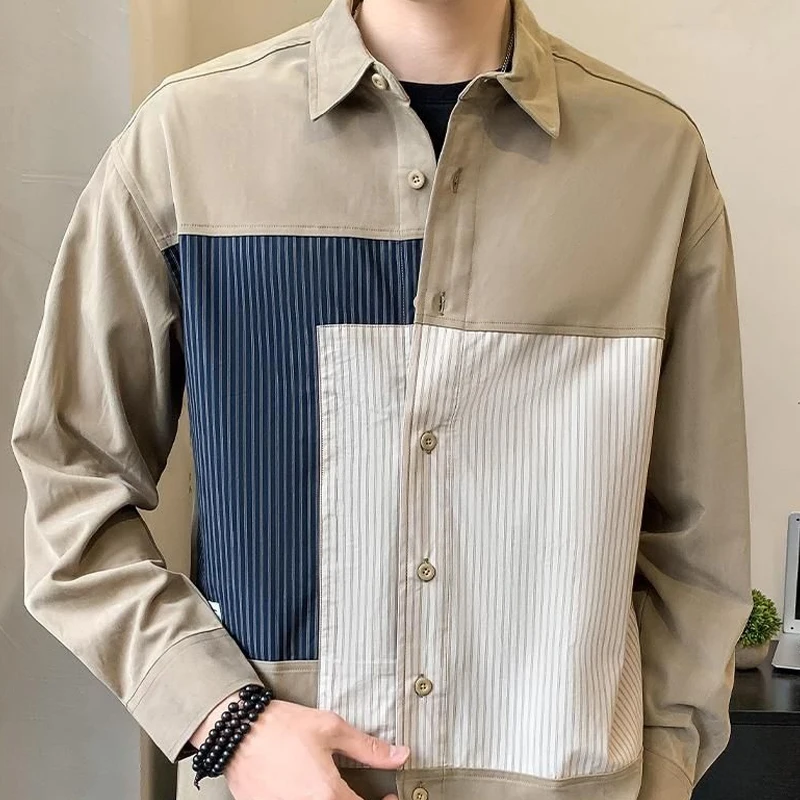 Long Sleeve Turn-down Collar Loose Handsome Button Spring Summer Patchwork Striped Shirts Business Casual Fashion Men's Clothing