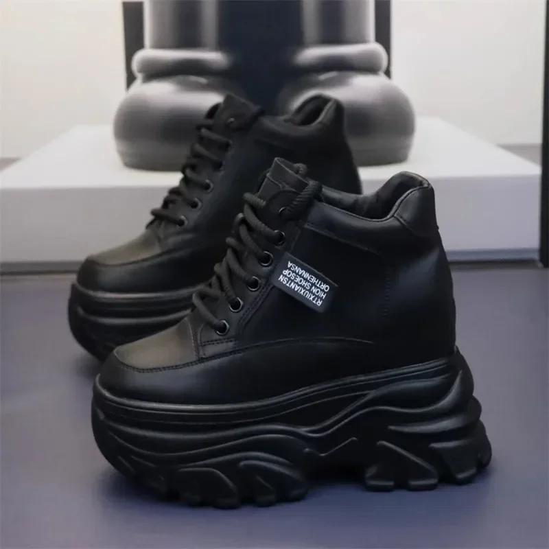 Autumn Women High Top Leather Shoes Platform Wedge Sneakers Chunky Shoes Hidden Heel 10 12 14CM White Black Women Casual Shoes 5