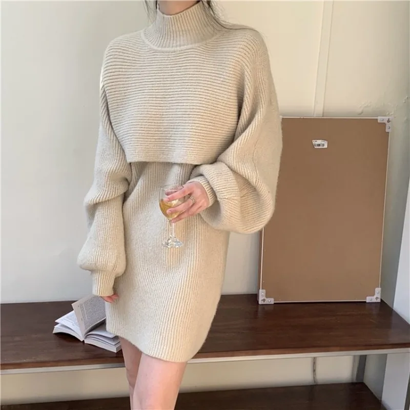 Autumn Winter Loose Knit Solid Pullover 2 Piece Set Women Fashion Turtleneck Sweater Jumper+Elegant Vest Dress Suit Office Lady