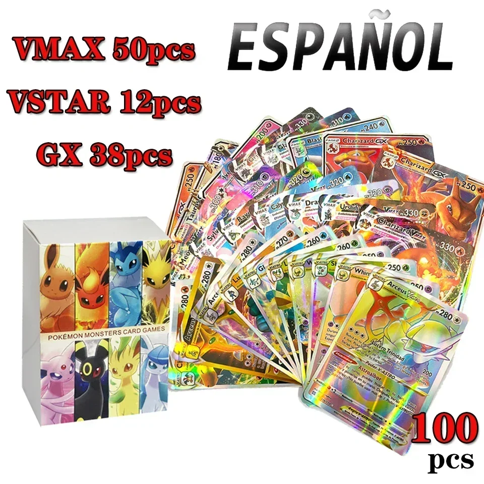 100PCS Spanish Pokemon Game Card GX V Mega Shining Game Battle Carte Trading Collection Cards Toys Children Gifts