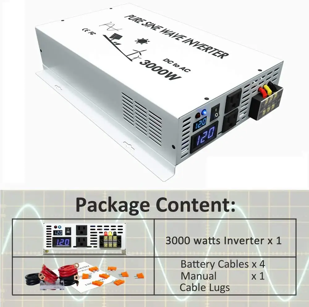 Description Picture 5 of itemPure Sine Wave Solar Power Inverter 3000W 24V DC to 120V AC Car Inverter Transformer 12V/36V/48V/72V/96V/110V to 110V/220V/240V