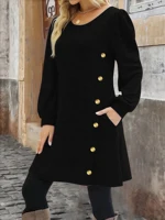 Elegant Plus Size Women's Dress Autumn Winter, Round Neck Long Sleeve Button Pocket Fashion Dress - Image 3